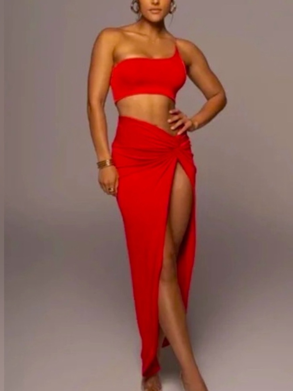 JLUXLABEL small two pice crop top Red or pink High-Slit faux wrap skirt set new
